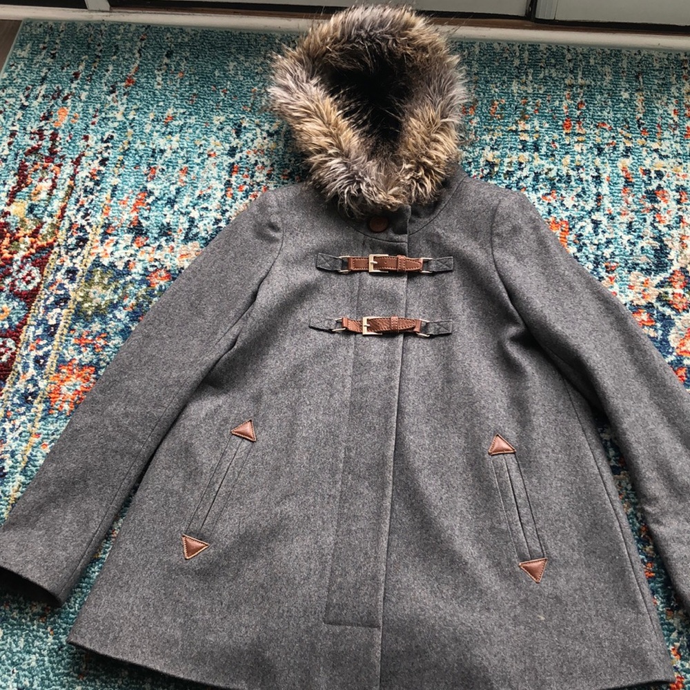 Anthro grey winter coat with faux fur hood